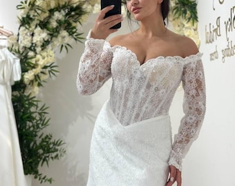 Elegant Lace Corset Wedding Dress, Off Shoulder Bridal Gown with Pearls, Fitted Silhouette, Long Lace Sleeves