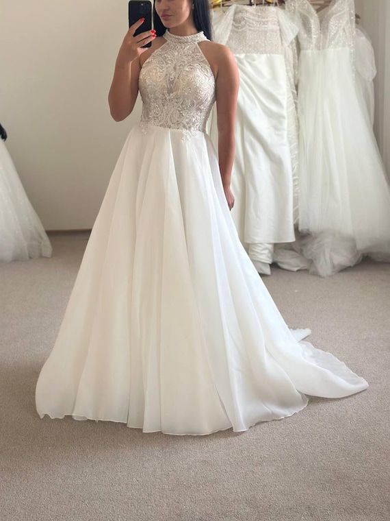 Flowy Boho Wedding Dress, Scoop Neckline Bridal Gown, Plus Size A-Line Dress, Custom Vintage Lace Wedding Dress Flowy Boho Wedding Dress, Scoop Neckline Bridal Gown, Plus Size A-Line Dress, Custom Vintage Lace Wedding Dress