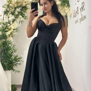 Gothic Black Corset Dress for Photoshoot, Strapless Princess Gown with Full Skirt, Romantic Dark Fashion Prom Dress XS–M