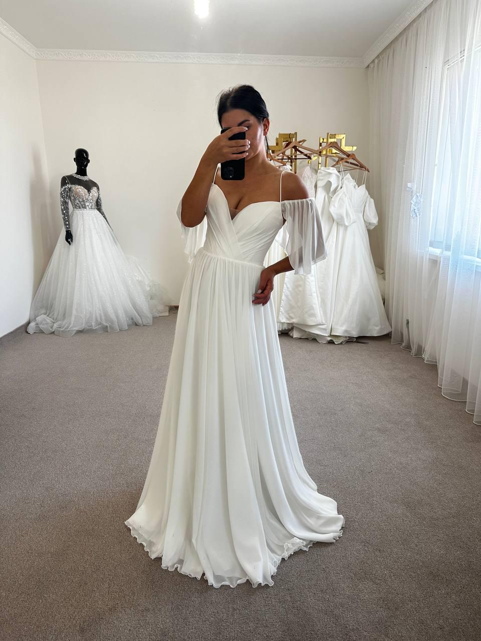 Silk Chiffon Draped Corset Dress with Train, Boho Style, Shoulder Details, Minimalist Wedding Gown