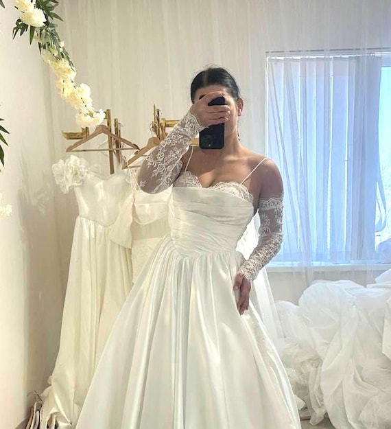 etsy corset wedding dress Satin Lace Wedding Dress, Corset Gown, Detachable Sleeves, Bridal Elegance