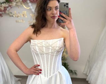 Minimalist Wedding Dress Satin, Corset A Line Bridal Gown with Slit, Courthouse Wedding Dress, Outdoor Garden Summer Wedding