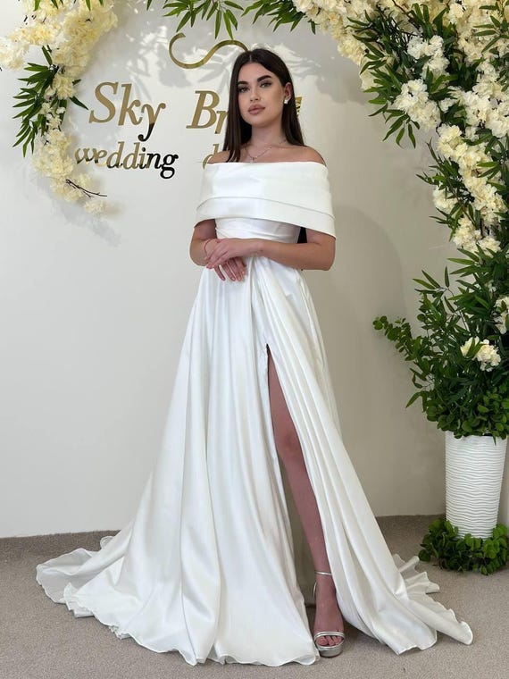 Satin off Shoulder Wedding Gown With Pearl Sleeve, White Corset