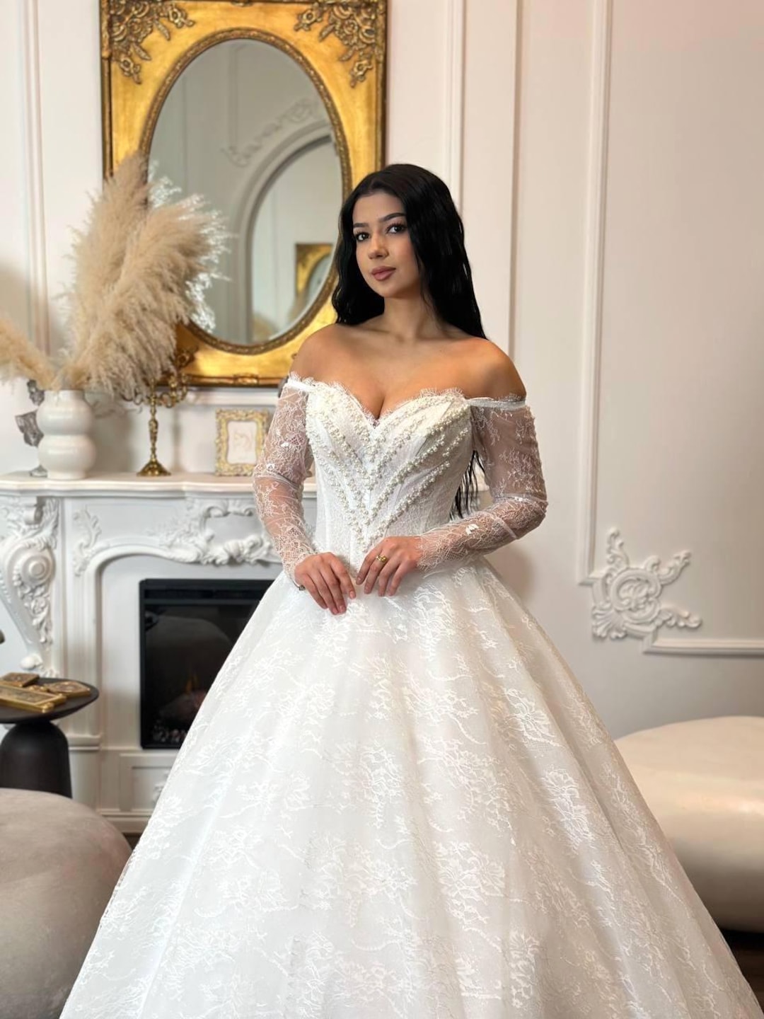 Princess Lace Wedding Dress With Long Lace Sleeves, Sheer Corset Bridal ...
