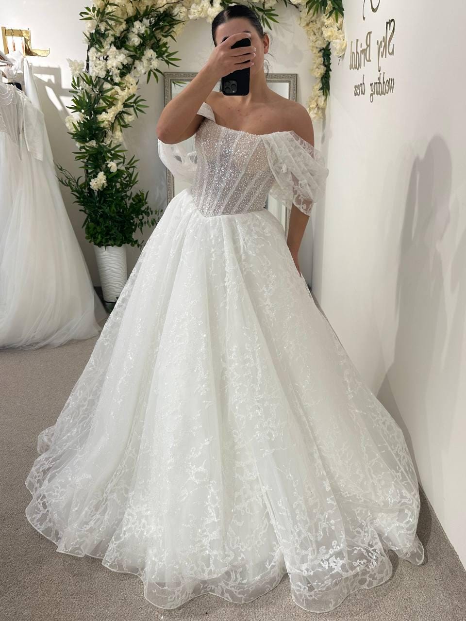 Elegant White Wedding Dress, Strapless Corset Bodice, Shimmer Tulle Skirt, Romantic A-Line Bridal Gown