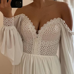 Vestido de novia minimalista estilo boho, vestido de gasa y macramé, vestido para novia y boda, vestido para damas de honor, estilo boho