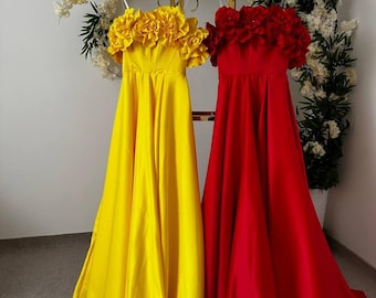 Elegant Silk Maxi Dress, Open Shoulder Floral Evening Gown