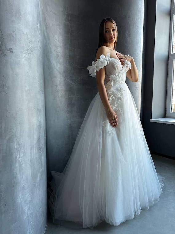 wedding dress mesh neckline 3D Floral Mesh Corset Wedding Dress, Open Shoulder Silhouette, Deep V  Neckline, Romantic Design