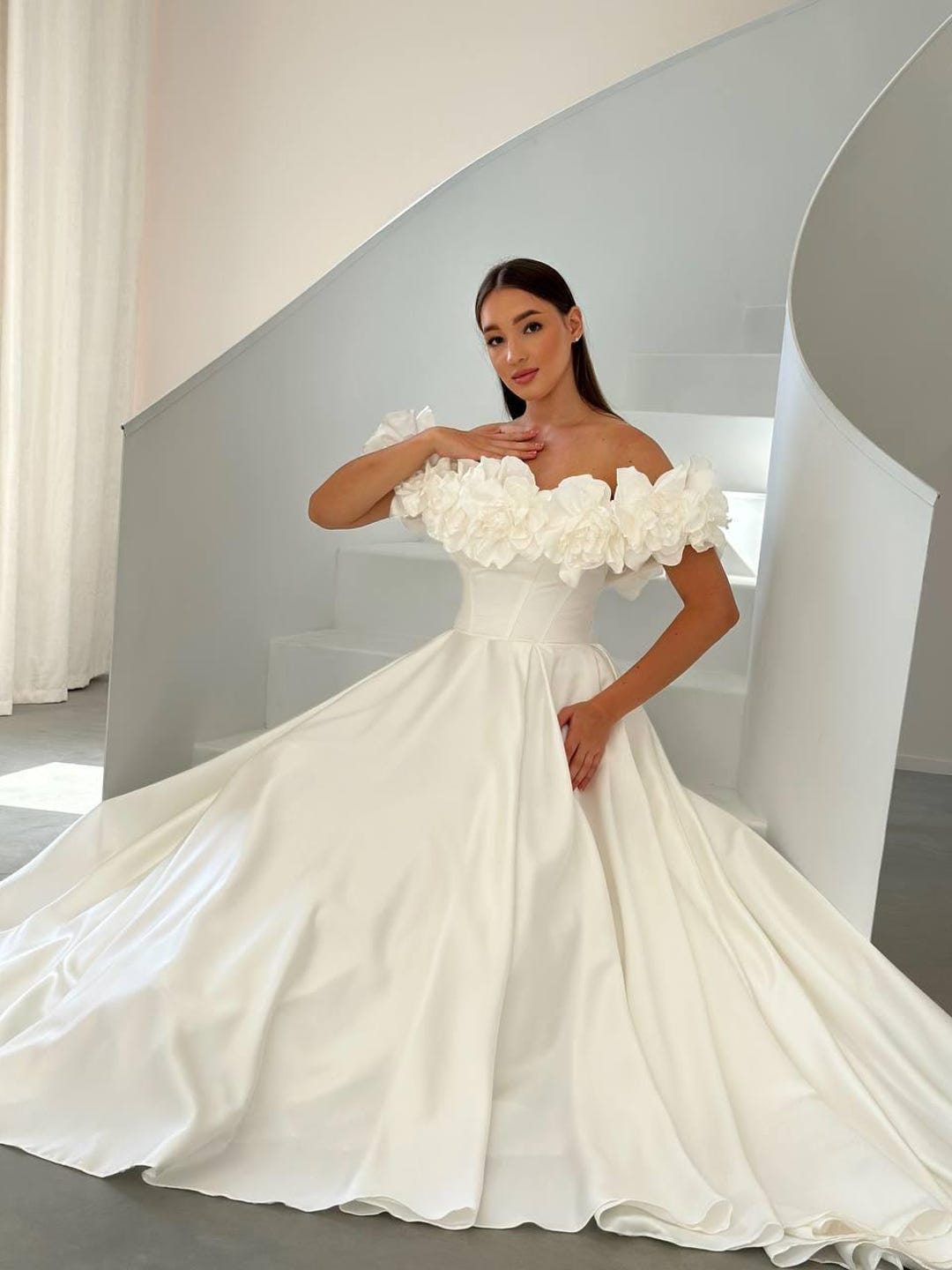 satin wedding dress with flowers Satin Flower Wedding Dress, Off-Shoulder Bridal Gown, Elegant Corset