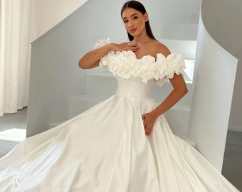 Satin Flower Wedding Dress, Off-Shoulder Bridal Gown, Elegant Corset