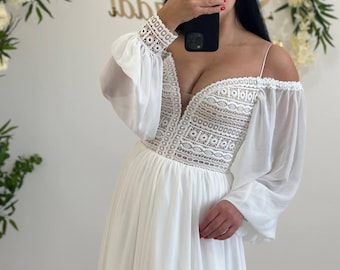 Geometric Lace Deep V-Neck Wedding Dress, Romantic Bridal Gown, Long Sleeve Lace Dress, Sensual Off-Shoulder Sleeves, Elegant A-Line Skirt