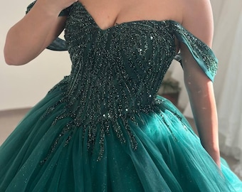 Smaragd Perlen Ballkleid, Trägerloses Korsett Abendkleid, Prinzessin Silhouette Abschlussball Quinceanera