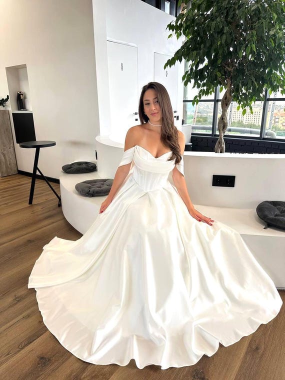Ivory Off-shoulder Satin Wedding Dress, A-line Gown With Corset and Draping  Sleeves, No Train Bridal Look, Minimalist Bride Dress - Etsy Israel