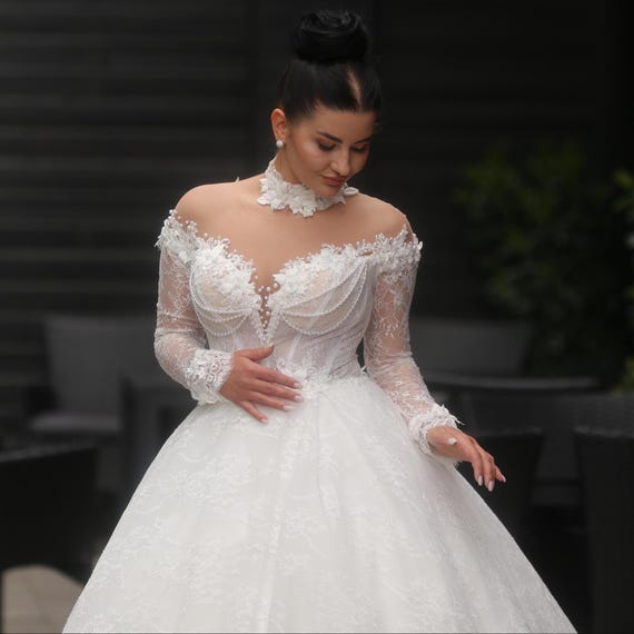 chinese dress ladies Stunning Lace Applique Illusion Long Sleeve Mermaid With Train Wedding   AlineBridal