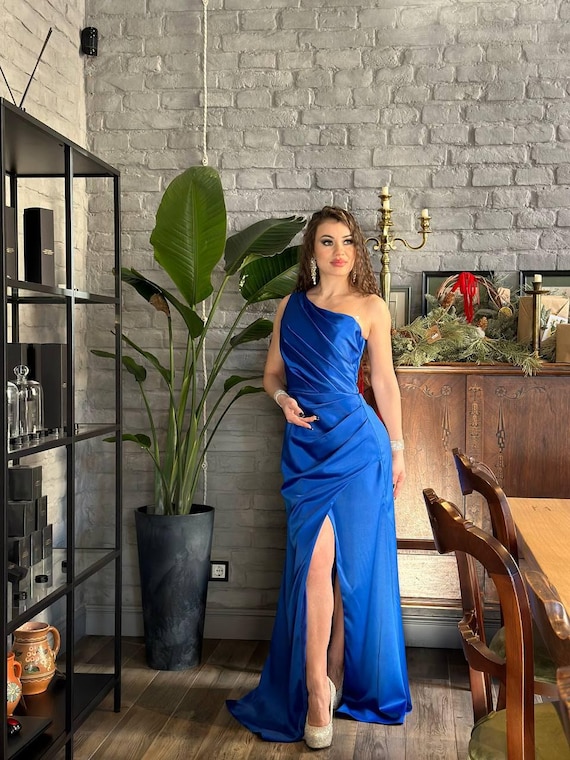 sachin and babi light blue dress Royal Blue Bridesmaid Dress, Classic Bridesmaid Dress, Long Formal Gown with Slit, Blue Evening Dress, One Shoulder Prom Dress