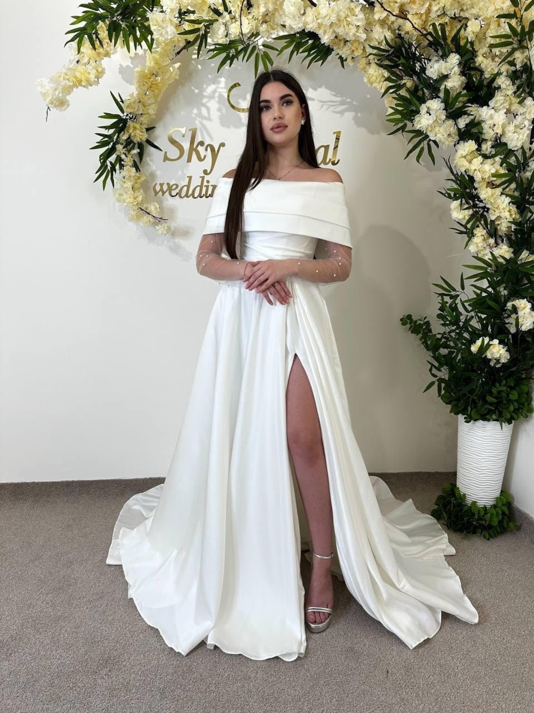 White Off-Shoulder Cowl Satin Bridal Gown