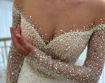 Glitter Beaded Lace Wedding Dress, Exquisite Bridal Gown, Sparkly Gown, Beaded Lace Dress, Wedding Attire