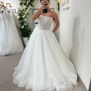 Elegant White Wedding Dress, Strapless Corset Bodice, Shimmer Tulle Skirt, Romantic A-Line Bridal Gown
