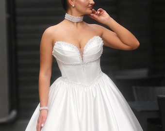 Strapless Satin Ball Gown Wedding Dress, Pearl Corset Bridal Gown with Full Skirt and Train, Custom Size, Diamond Style Choker Included