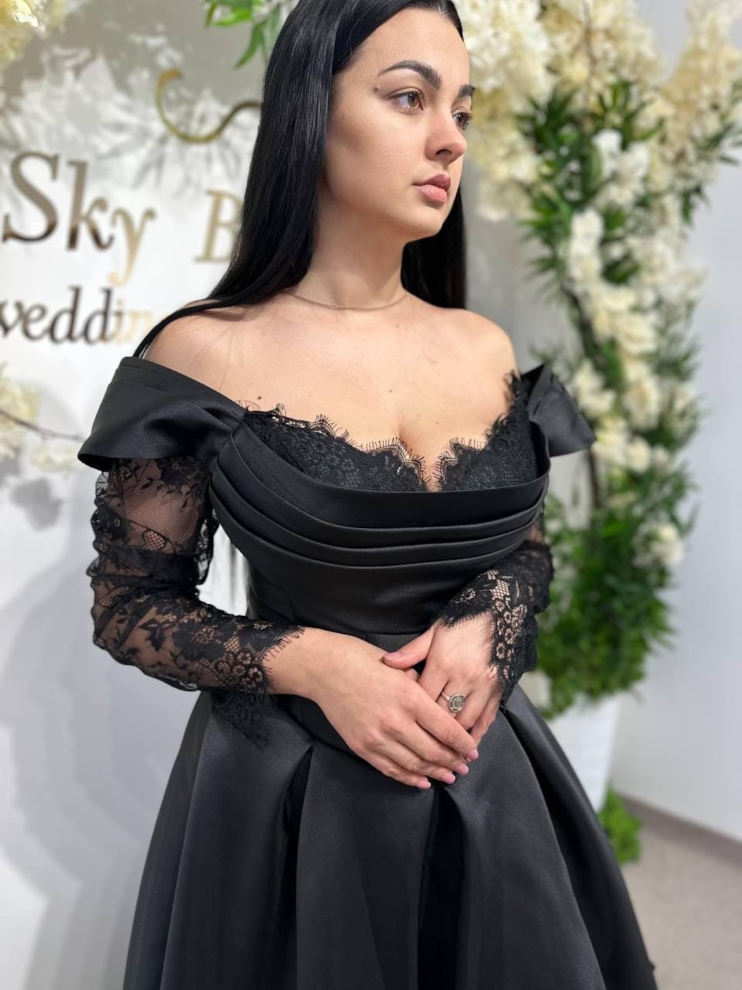 Black Winter Wedding Dress With Fairytale Lace Corset Satin Reception