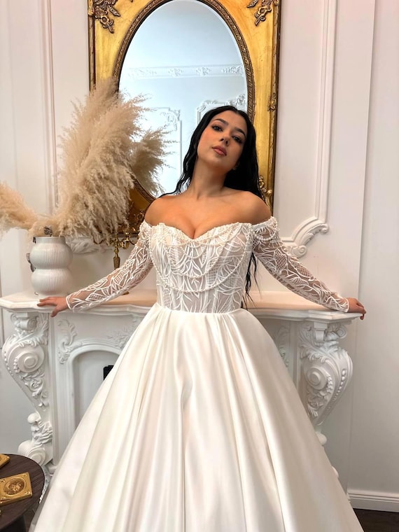 Off Shoulder Ball Gown Wedding Dress, Lace Corset Bridal Gown With Long Sleeves, Satin Princess Wedding Dress Ivory