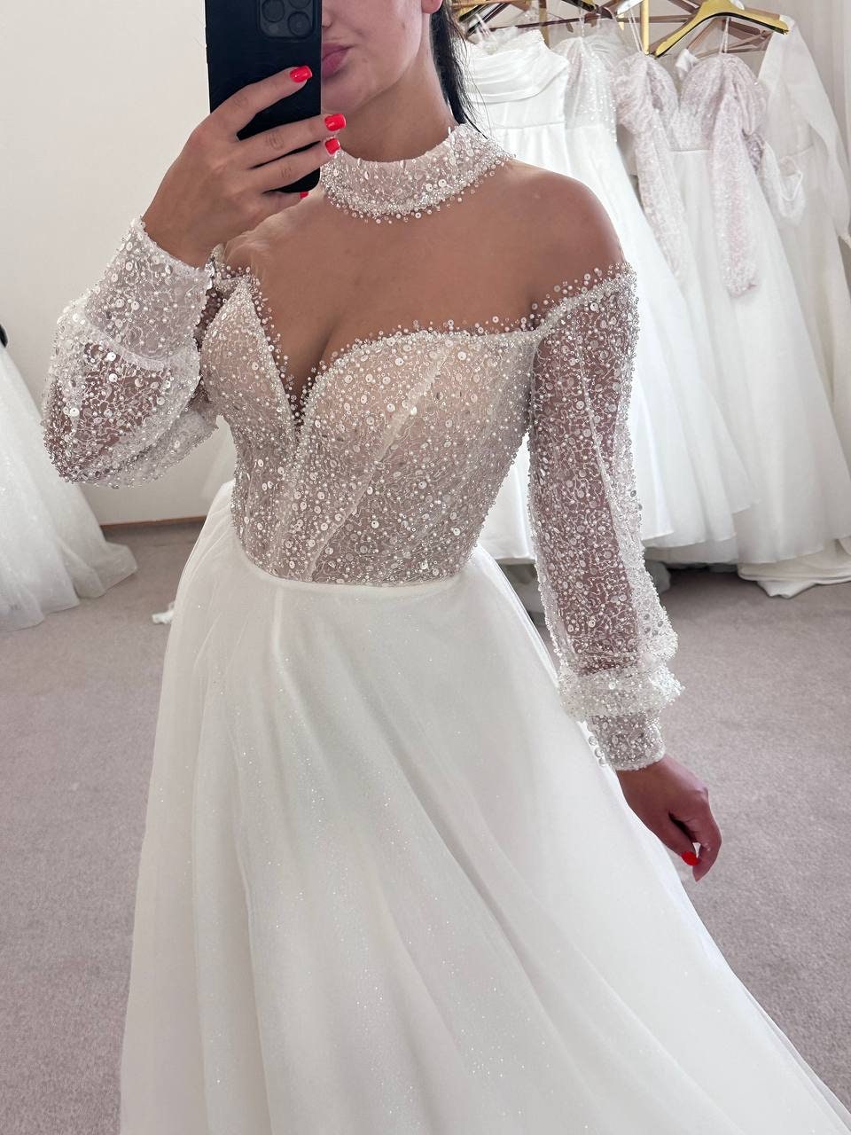 Ivory Embroidered Corset Wedding Gown, Sparkling Skirt, Deep V-Neck Silk Dress, Elegant Bridal Outfit