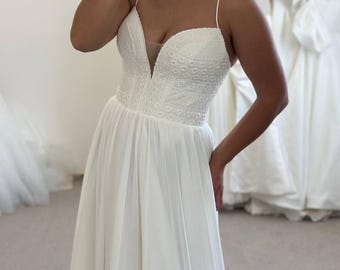 Silk Chiffon Draped Corset Dress with Train, Boho Style, Shoulder Details, Minimalist Wedding Gown