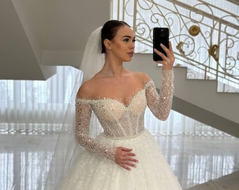 Perlenspitze Brautkleid, Glitter Brautkleid, prickelndes Kleid, Hochzeitskleidung, Exquisites Spitzenkleid