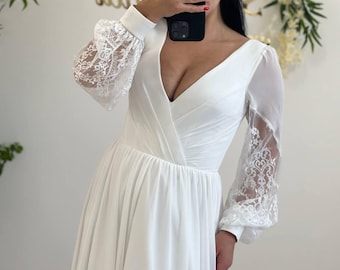 Classic White Wedding Dress with Deep V-neck, Lace Sleeves, Fitted Bodice, Soft Pleated Skirt, Elegant Bridal Gown, Christmas dress