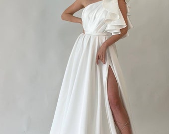 White Mikado A-Line Bridal Gown, High Slit Wedding Dress, Strapless Bridal Dress