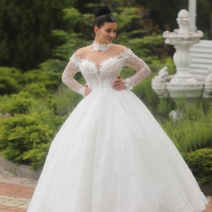 Elegant Open Shoulder Wedding Dress with Lace Sleeves, Floral Appliqué Bodice, Multi Layer Skirt and Train, Custom Formal Gown