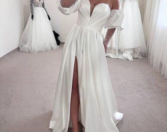 Minimalist Satin Wedding Dress, Boho Bridal Gown, Removable Sleeves