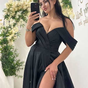 Black Off Shoulder Evening Dress with Slit, Custom Formal Gown with Corset Top, Graduation or Wedding Party Dress