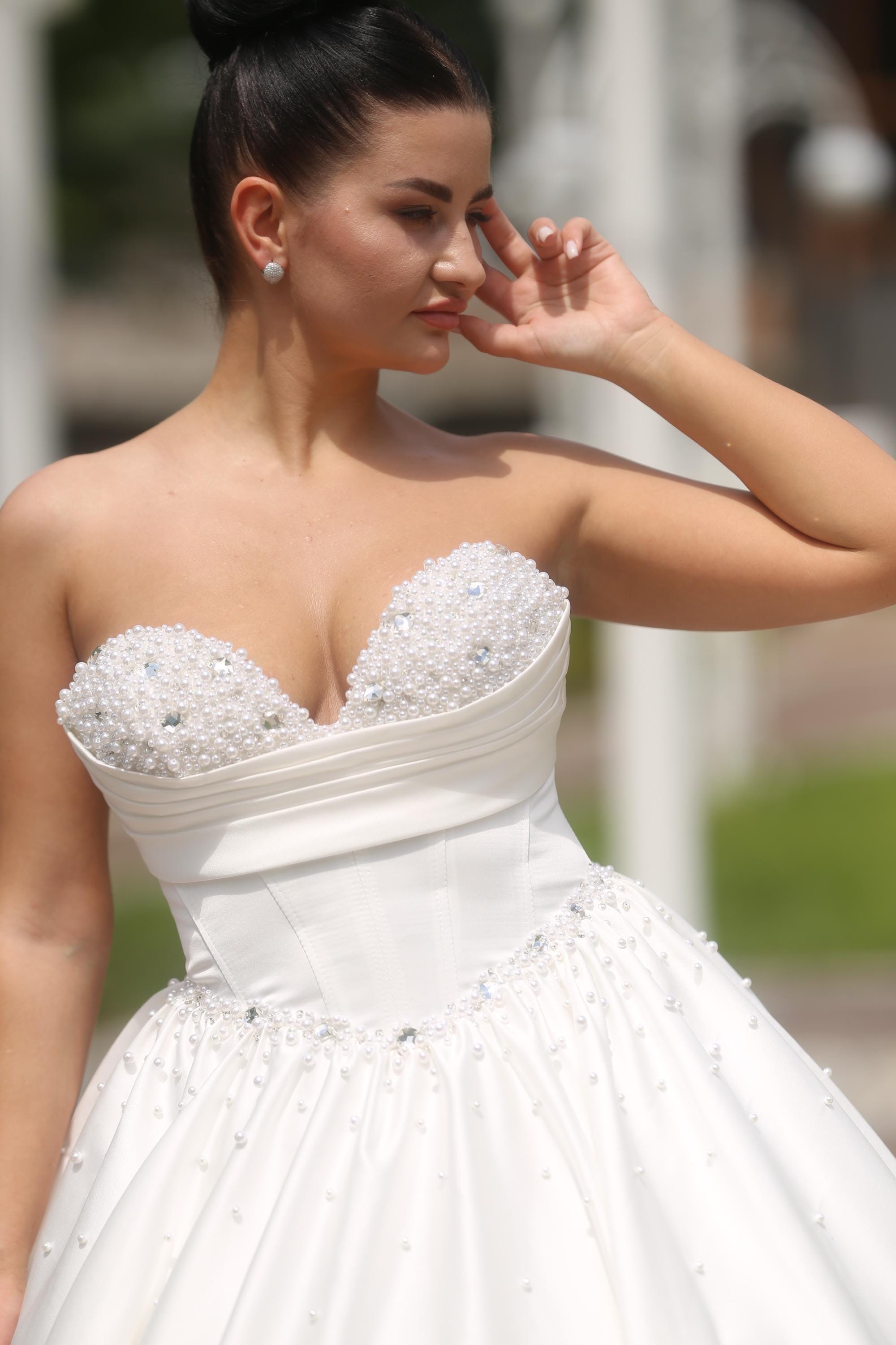 white christmas dresses Sparkly Pearl Rhinestone Tulle Strapless Illusion Corset Bridal Gown main image 1