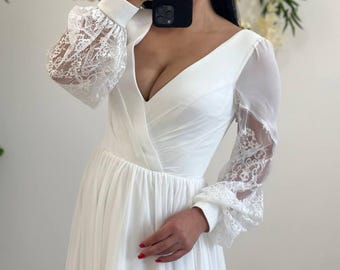 Elegant V-neck Lace Sleeve Wedding Dress, White Bridal Gown with Fitted Bodice, Soft Pleats Skirt, Sophisticated Bride Dress
