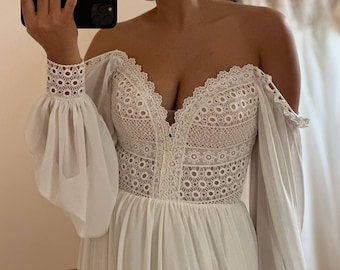 Minimalistisches Brautkleid im Boho-Stil, Chiffon- und Makramee-Kleid, Kleid für die Braut und Hochzeit, Kleid für Brautjungfern, Boho-Stil