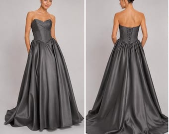Basque Waist Wedding Dress, Royal Satin Ball Gown, Strapless Corset, Cat Eye Neckline, Custom Size