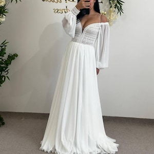 Thin Strap Lace V-Neck Wedding Dress, Lush Sleeve Bridal Gown, Elegant Romantic Design, Geometric Lace Detail, Light and Airy