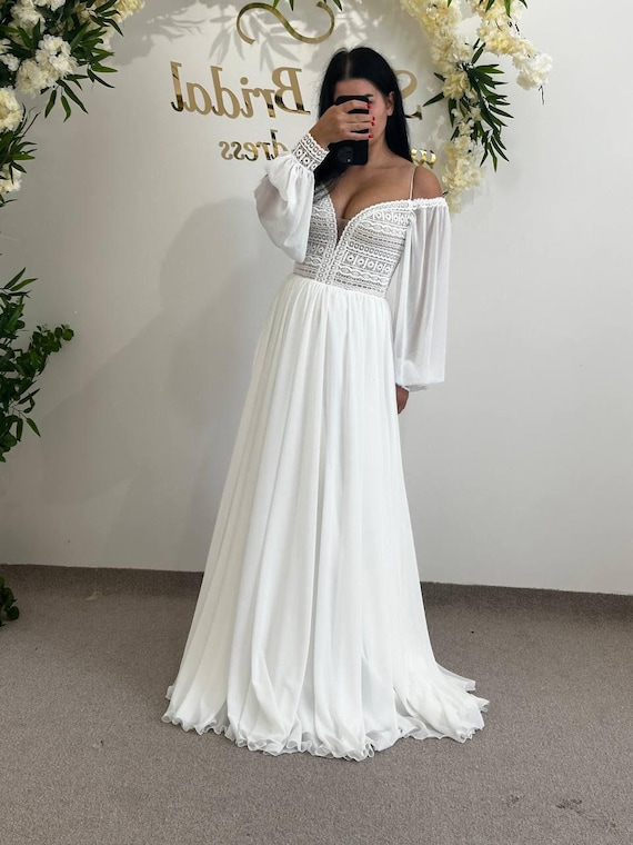 ethereal lace dress Elegant And Ethereal Lace And Chiffon A-Line Wedding Dress With Detachable  Sleeves main image 0