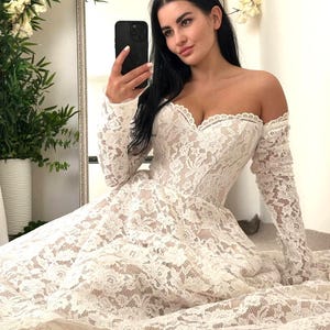 Lace Wedding Dress with Long Sleeves, Open Shoulder A-Line Bridal Gown with Train, Custom Size, Boho or Classic Style