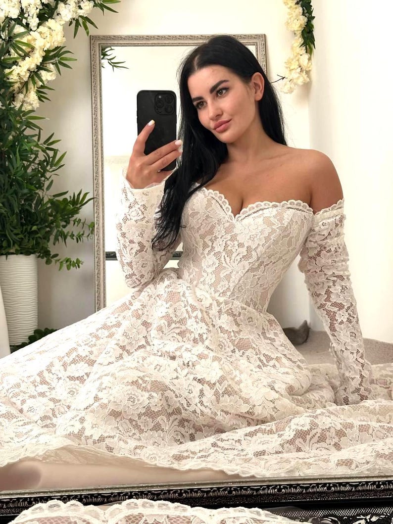 Lace Wedding Dress with Long Sleeves, Open Shoulder A-Line Bridal Gown with Train, Custom Size, Boho or Classic Style
