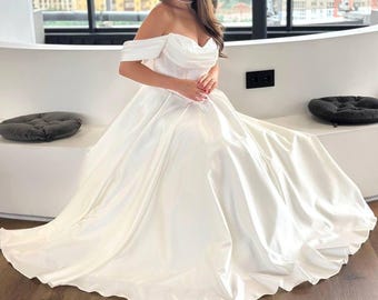 Romantic Wedding Corset Dress, Satin Bridal Gown with Draped Sleeves, Off-Shoulder A-Line Dress, Princess Reception Gown