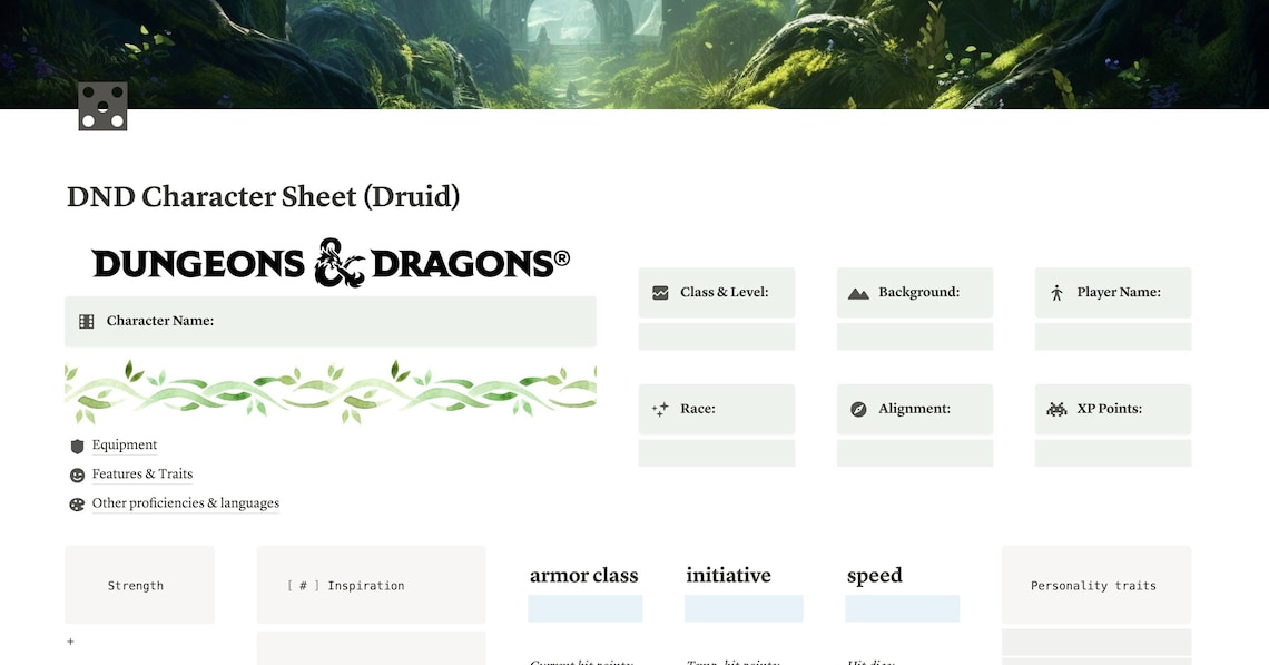 Druid DND Character Sheet notion Template, Dungeons & Dragons, Dungeons Druid DND Character Sheet notion Template, Dungeons & Dragons, Dungeons
