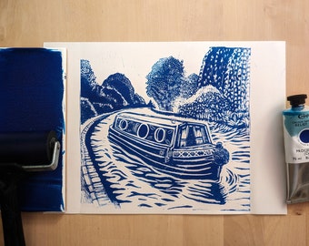Canal Boat Linocut Print | Hand-Carved Narrowboat Artwork | Limited Edition Relief Print in Blue