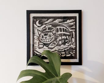 Catbus from My Neighbour Totoro | Original Linocut Print | Hand-Carved & Hand-Printed