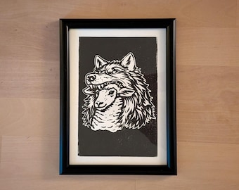 Een schaap in wolfskleren | Originele linosnedeafdruk | Handgesneden reliëfprint