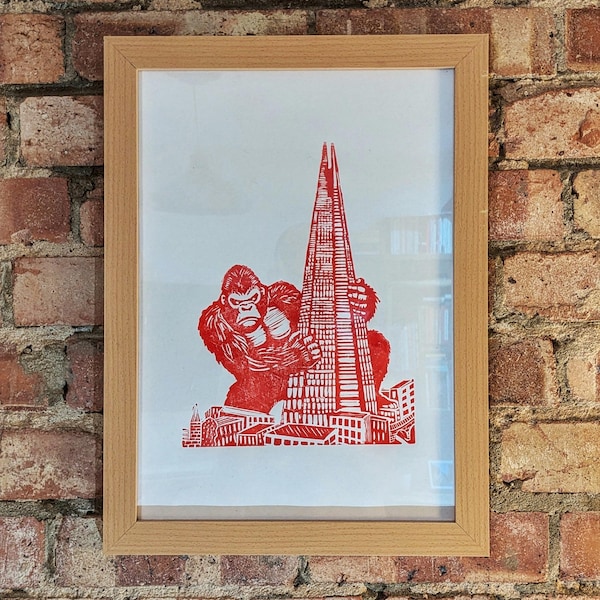King Kong Linocut Print: London Skyline, Red Monster Relief Art