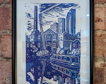 London Canal Linocut Print: City Road Basin Skyline, Relief Artwork