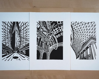 London Museum Linocut 3 Print Set | British Museum, Natural History Museum & Cutty Sark | Hand Printed Architecture Collection