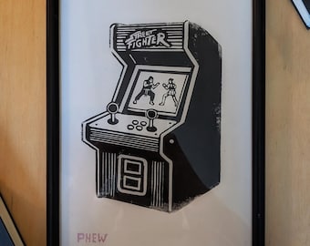 Street Fighter Arcade Machine Linocut Print | Hand-Carved Gaming Artwork | Limited Edition Relief Print